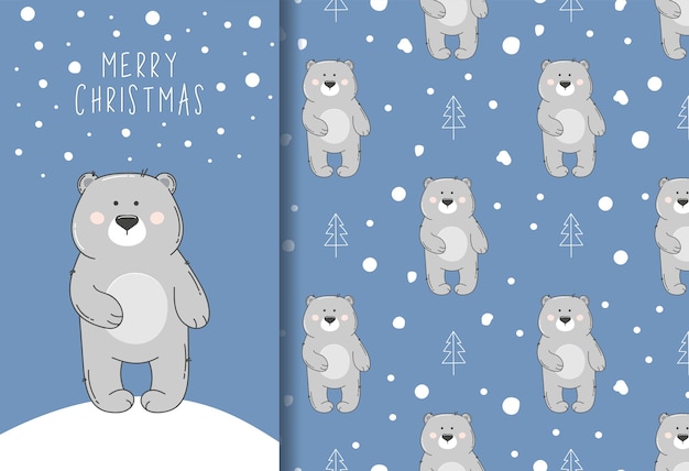 Seamless pattern with grey bear and snow and Merry Christmas greeting card.