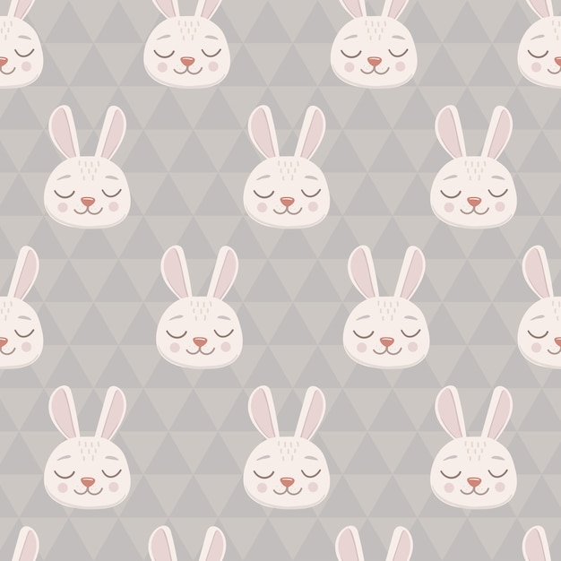 Seamless pattern with grey bunny head face with closed eyes Cute cartoon funny character