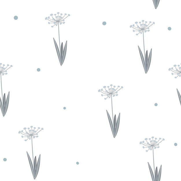 Vector seamless pattern with grey flowers on the stem on white background