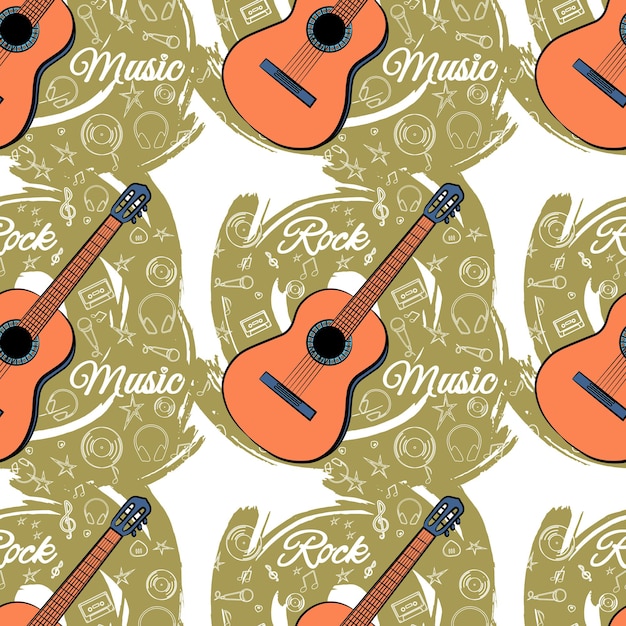 Seamless pattern with guitar on a green background.