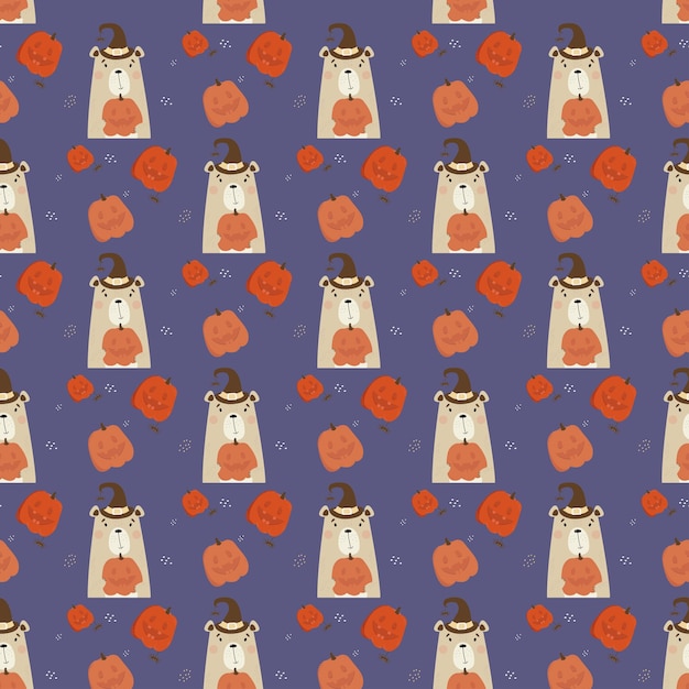 Seamless pattern with Halloween bear Cute Animal in witch hat with pumpkin Jack on purple background