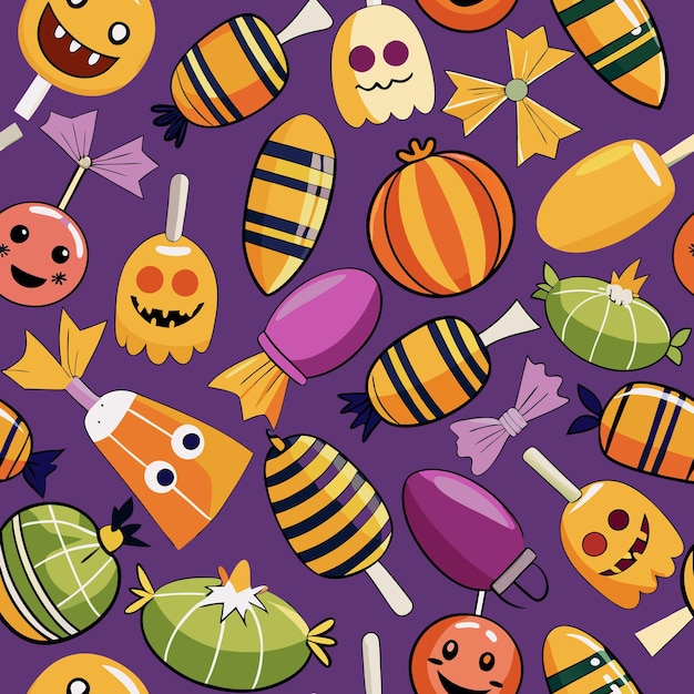 Vector seamless pattern with halloween candy and treats on a purple background