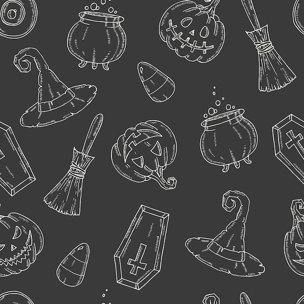 Seamless pattern with Halloween icons.  Pumpkin Jack, witch hat, broom, hat, sweets, candy roots, coffin, pot with potion in sketch style.