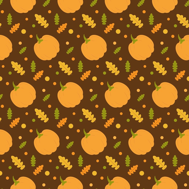 Seamless pattern with halloween pumpkins and autumn leaves on dark brown background