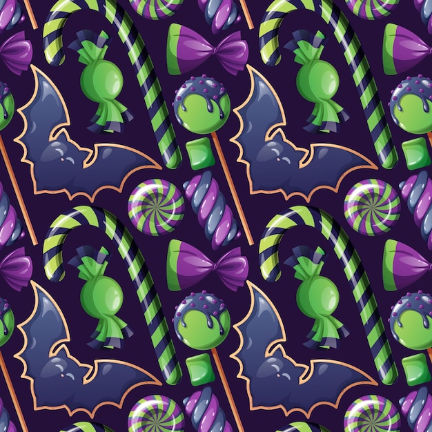 Seamless pattern with Halloween sweets on a dark background Bat cookies candy lollipop marshmallow