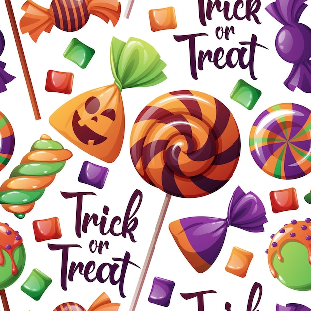 Seamless pattern with Halloween sweets on a dark background Trick or treat Texture with candies and lollipops with a spiral pattern Suitable for wrapping paper scrapbooking wallpaper textile