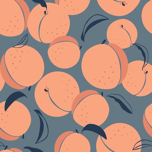 Seamless pattern with hand dawn peaches and leaves on grey background