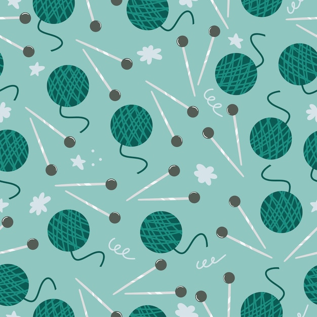 Seamless pattern with hand drawn ball of thread and knitting needles