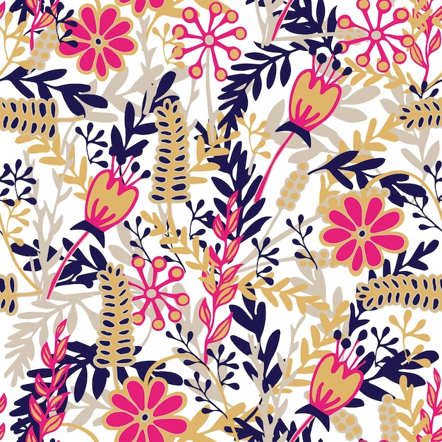 Seamless pattern with hand drawn blooming flowers