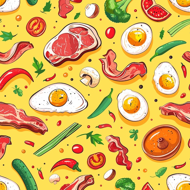 Seamless Pattern with Hand Drawn Breakfast Food Illustrations