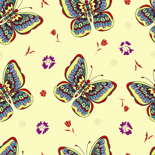 Seamless pattern with hand drawn butterfly in zentangle style on yellow background