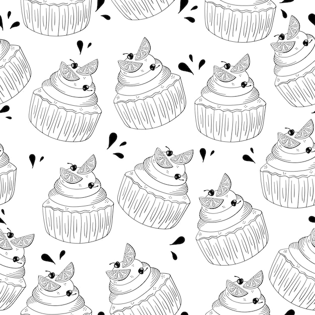 Seamless pattern with hand drawn cake with orange slices and cherry