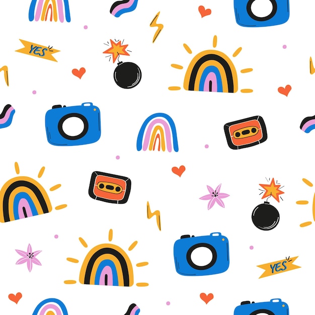 Seamless pattern with hand drawn camera, rainbow, bomb, and decor. Creative design for print