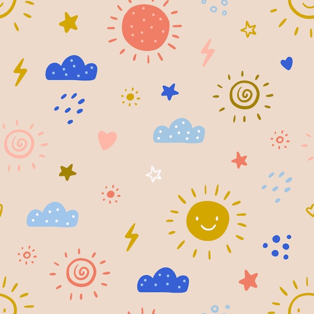 Seamless pattern with hand drawn cloud and sun. Trendy baby texture for fabric textile wallpaper