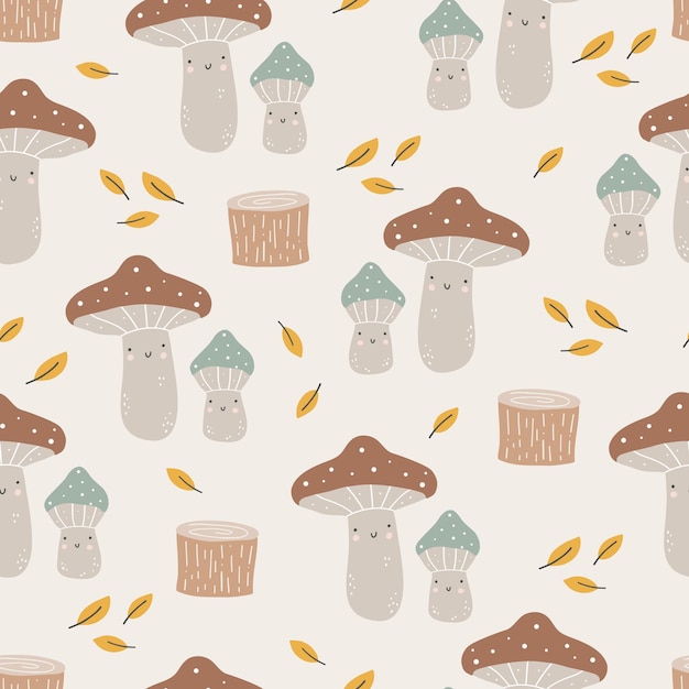 Seamless pattern with hand drawn colourful mushrooms Autumn cute digital paper Creative childish pattern Vector illustration