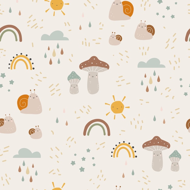 Seamless pattern with hand drawn colourful mushrooms and snail Autumn cute digital paper Creative childish pattern Vector illustration