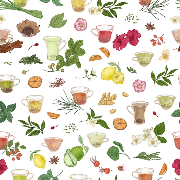 Seamless pattern with hand drawn cups with tea, citrus, spices, leaves, flowers and berries on white background. Elegant vector illustration in vintage style for textile print, wrapping paper.