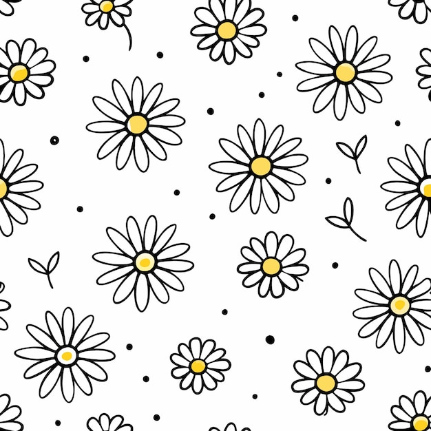 Seamless pattern with hand drawn daisy flowers and leaves on white background