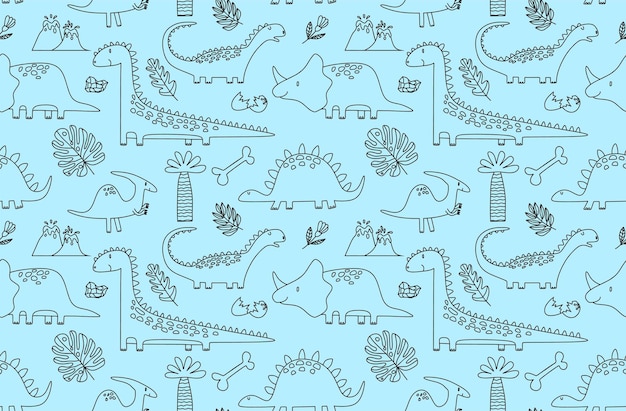 seamless pattern with hand drawn dinosaurs.