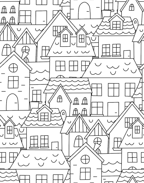 Seamless pattern with hand drawn doodle houses