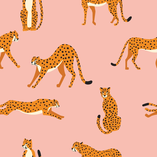 Seamless pattern with hand drawn exotic big cat cheetahs, stretching, running, sitting and walking on pink background.