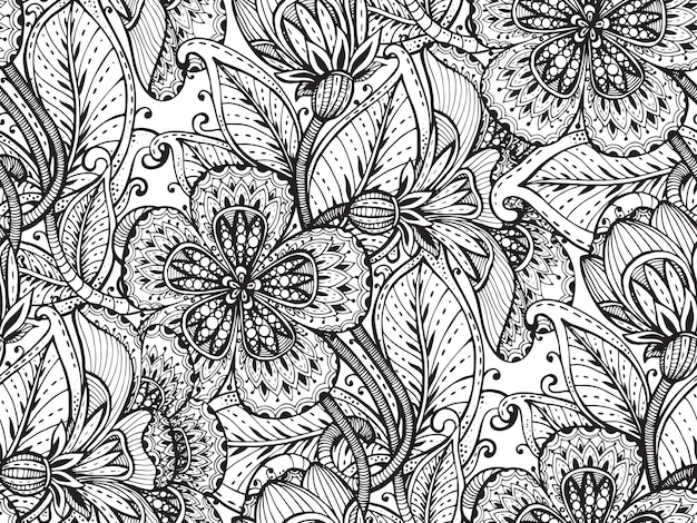  seamless pattern with hand drawn fancy flowers on white background.