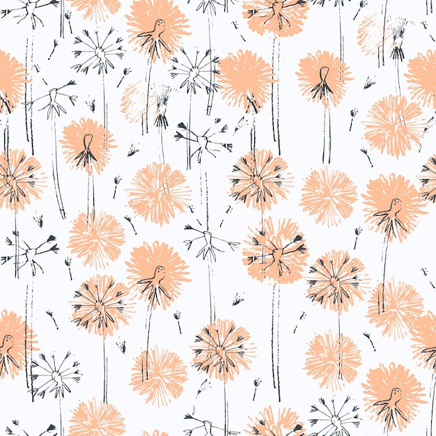 Seamless pattern with hand drawn flowers in Color of the year 131023 Peach Fuzz