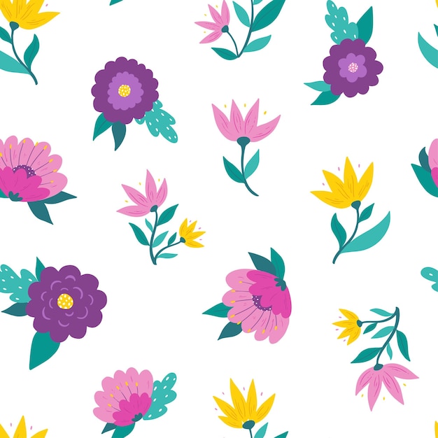 seamless pattern with hand drawn flowers and leaves on white background