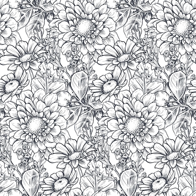 Seamless pattern with hand drawn flowers and plants in sketch style Monochrome vector endless nature background