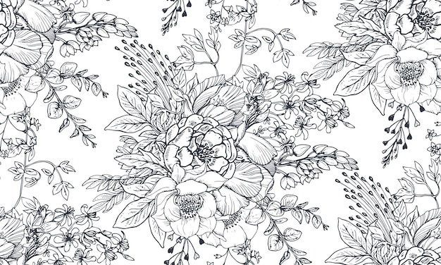 Seamless pattern with hand drawn flowers and plants in sketch style.