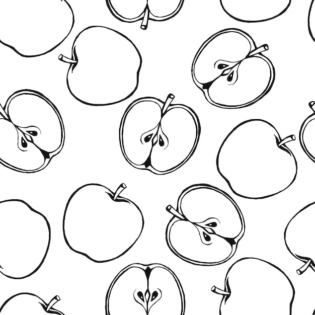 Seamless pattern with hand drawn fruits elements apple. Vegetarian wallpaper. For design packaging, textile, background, design postcards and posters.