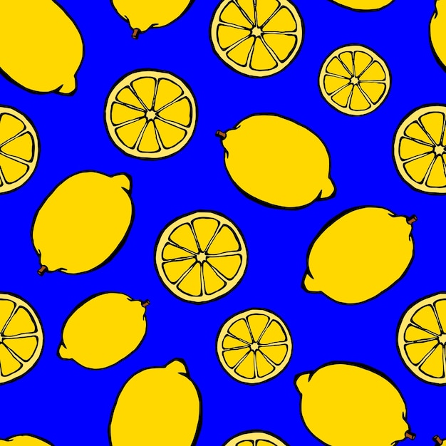 Seamless pattern with hand drawn fruits elements lemon Vegetarian wallpaper For design packaging textile background design postcards and posters