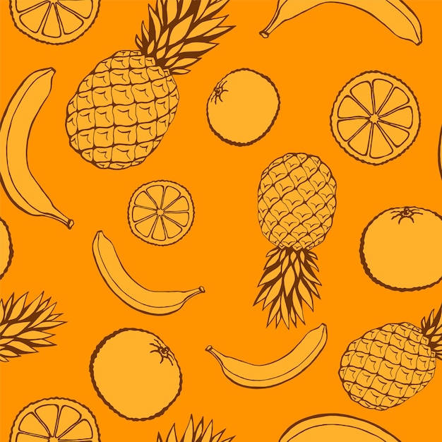 Seamless pattern with hand drawn fruits elements Vegetarian wallpaper For design packaging textile background design postcards and posters