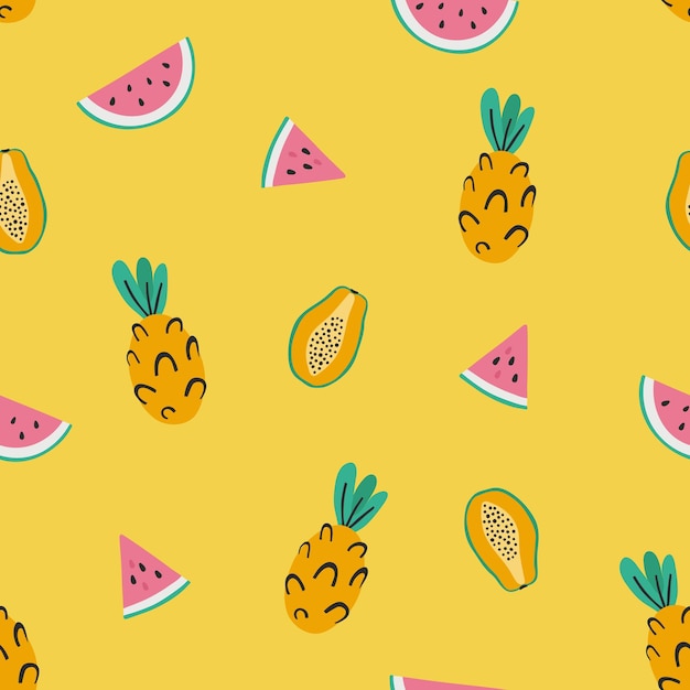 Seamless pattern with hand drawn fruits Pineapple papaya and watermelon on bright yellow backgroun