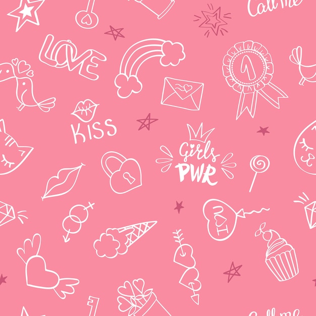 Seamless pattern with hand drawn girly doodles. Repeating background with childish sketch design elements