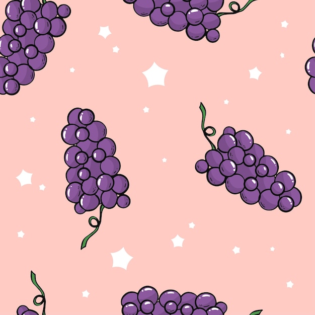 Seamless pattern with hand drawn grapes on pink background decorated with stars