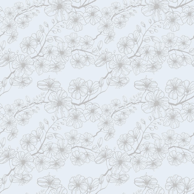 Seamless pattern with hand-drawn grey sakura branch. Ink illustration silhouette blooming cherry. Decorating Japanese spring holiday wrapping, stationery, bedline, wallpaper and fabric.