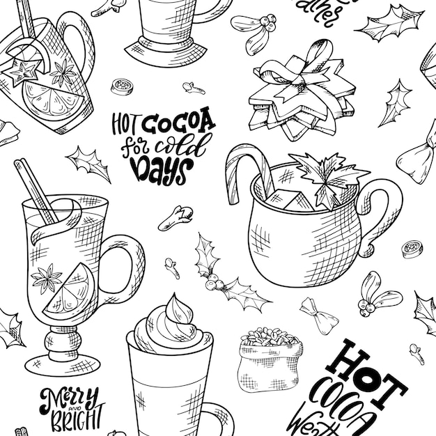 Seamless pattern with hand drawn hot drinks. Sketch winter elements. Holiday christmas vector illustration.