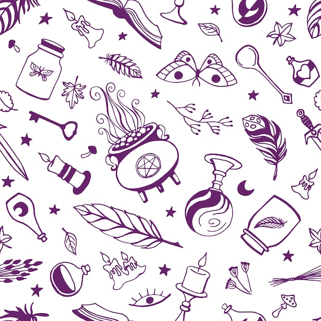 Seamless pattern with hand drawn magic tools concept of witchcraft Witchcraft magic background for witches and wizards