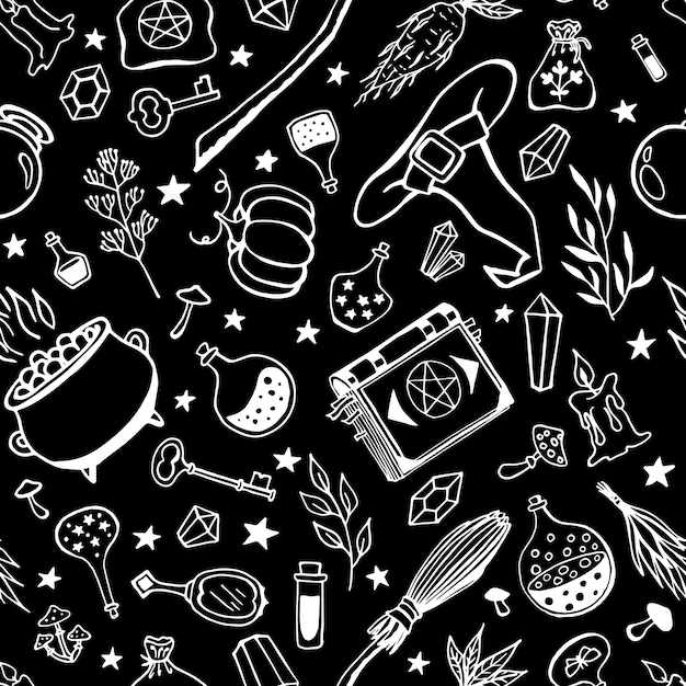 Seamless pattern with hand drawn magic tools concept of witchcraft Witchcraft magic background for witches and wizards