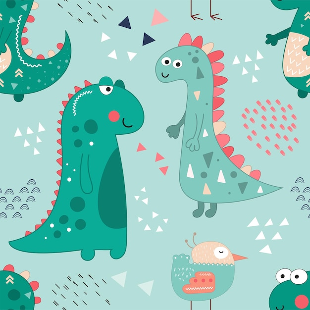 Seamless pattern with hand drawn mint dinosaurs and bird on blue background. 
