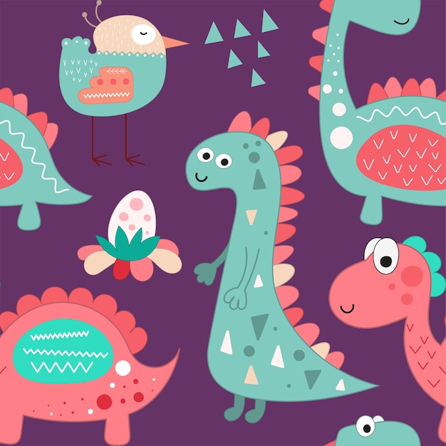 Seamless pattern with hand drawn mint and pink dinosaur eggs and bird in scandinavian style