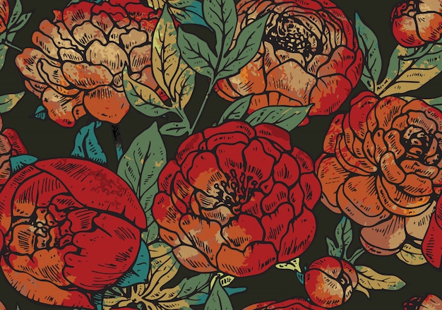   seamless pattern with hand drawn peony flowers