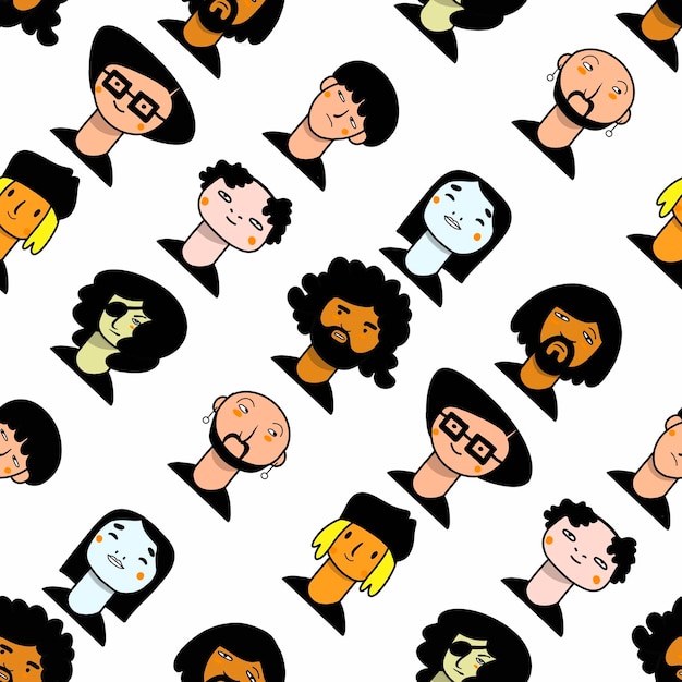 Seamless pattern with Hand drawn People avatar collection Set of Different head portrait