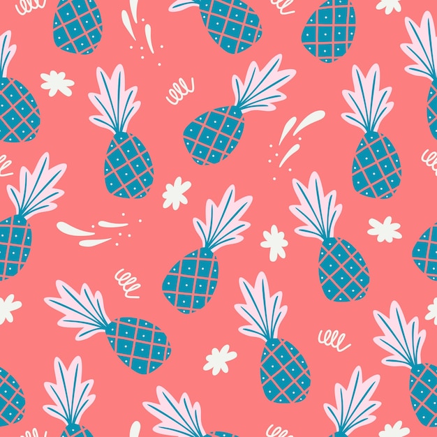 Seamless pattern with hand drawn pineapples in a pink background