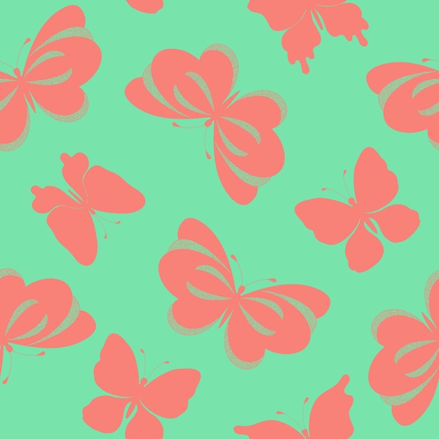 Seamless pattern with hand drawn pink butterflies silhouettes on green background