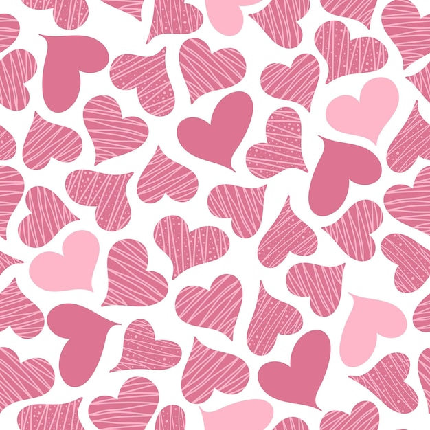 Seamless pattern with hand drawn pink hearts on the white background