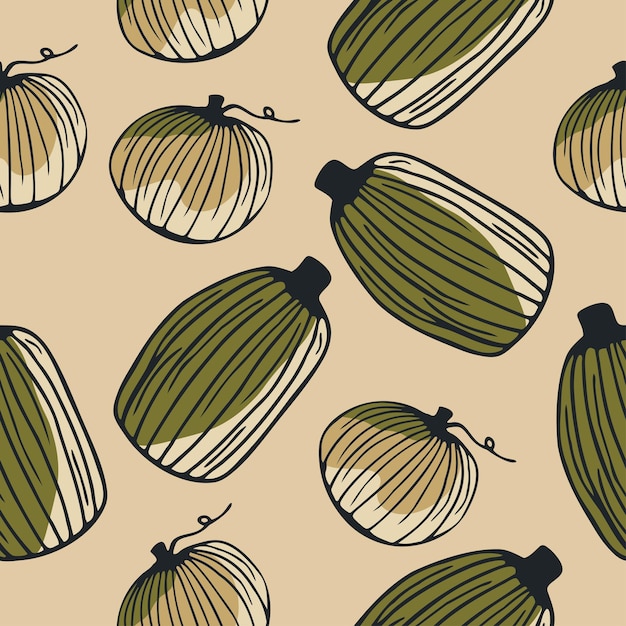 Seamless pattern with hand drawn pumpkins on a beige background