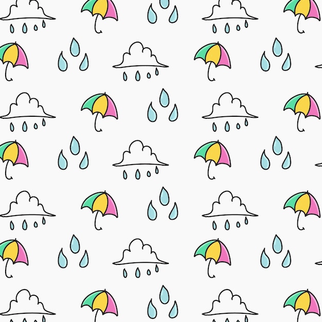 Vector seamless pattern with hand drawn raindrops and umbrellas