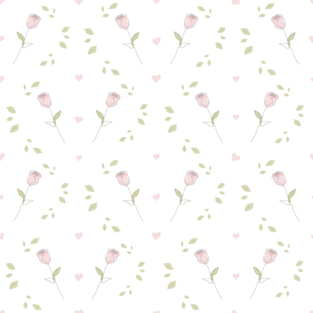 Seamless pattern with hand drawn rose flower continuous one line art